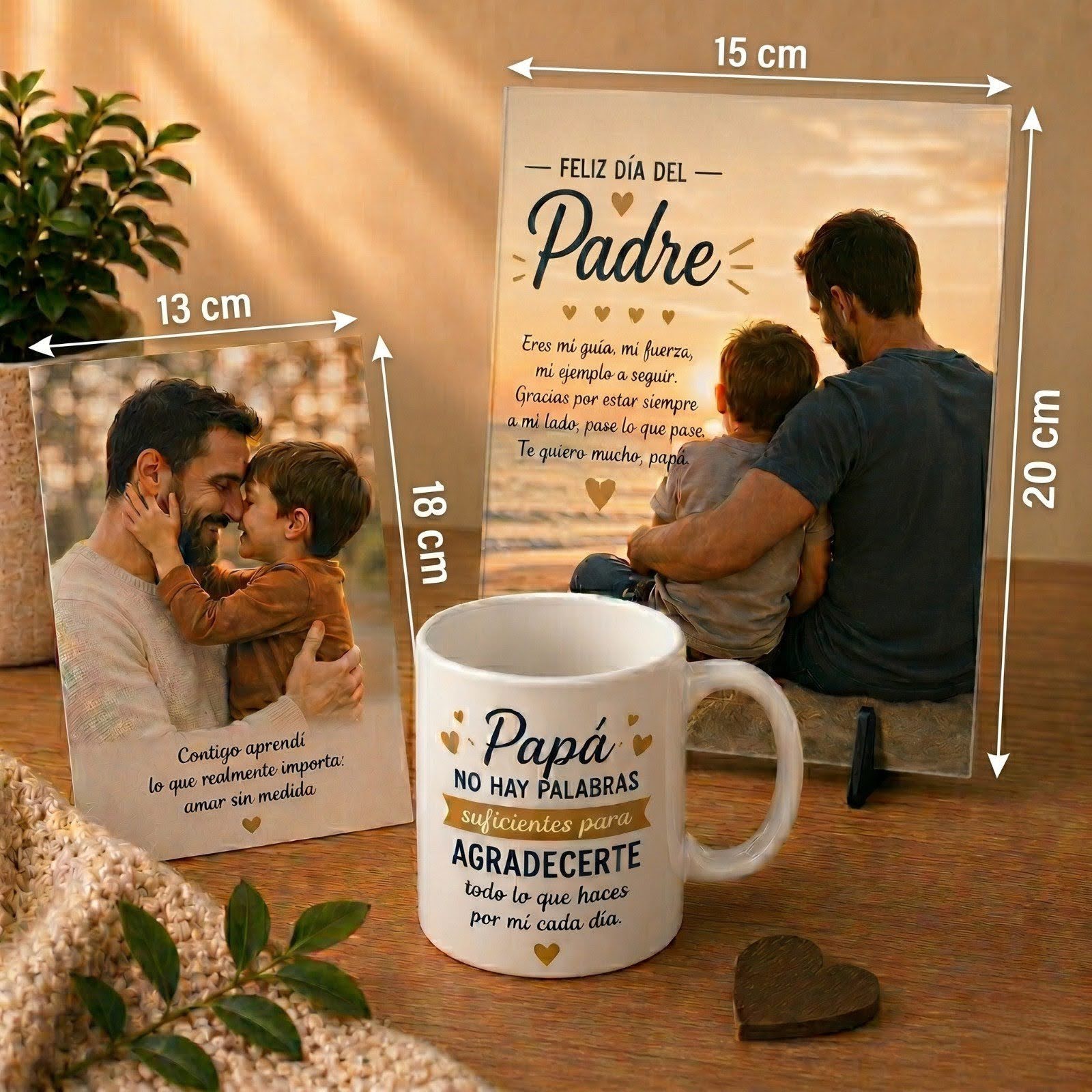 Combo regalo con taza, portarretrato y cuadro de aluminio con dedicatoria