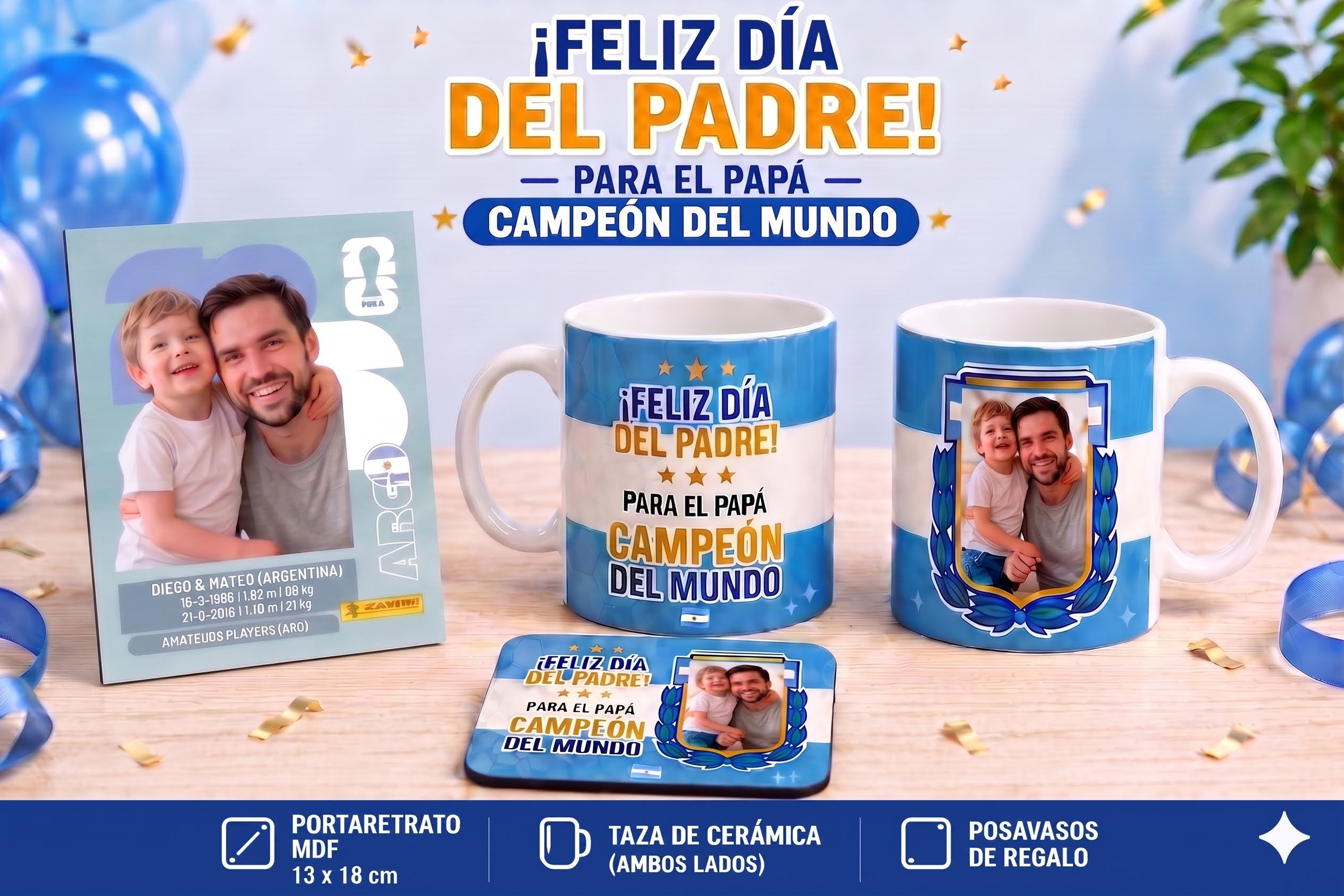 Combo Mundialista: portarretrato, taza de cerámica y posavasos de la Selección Argentina