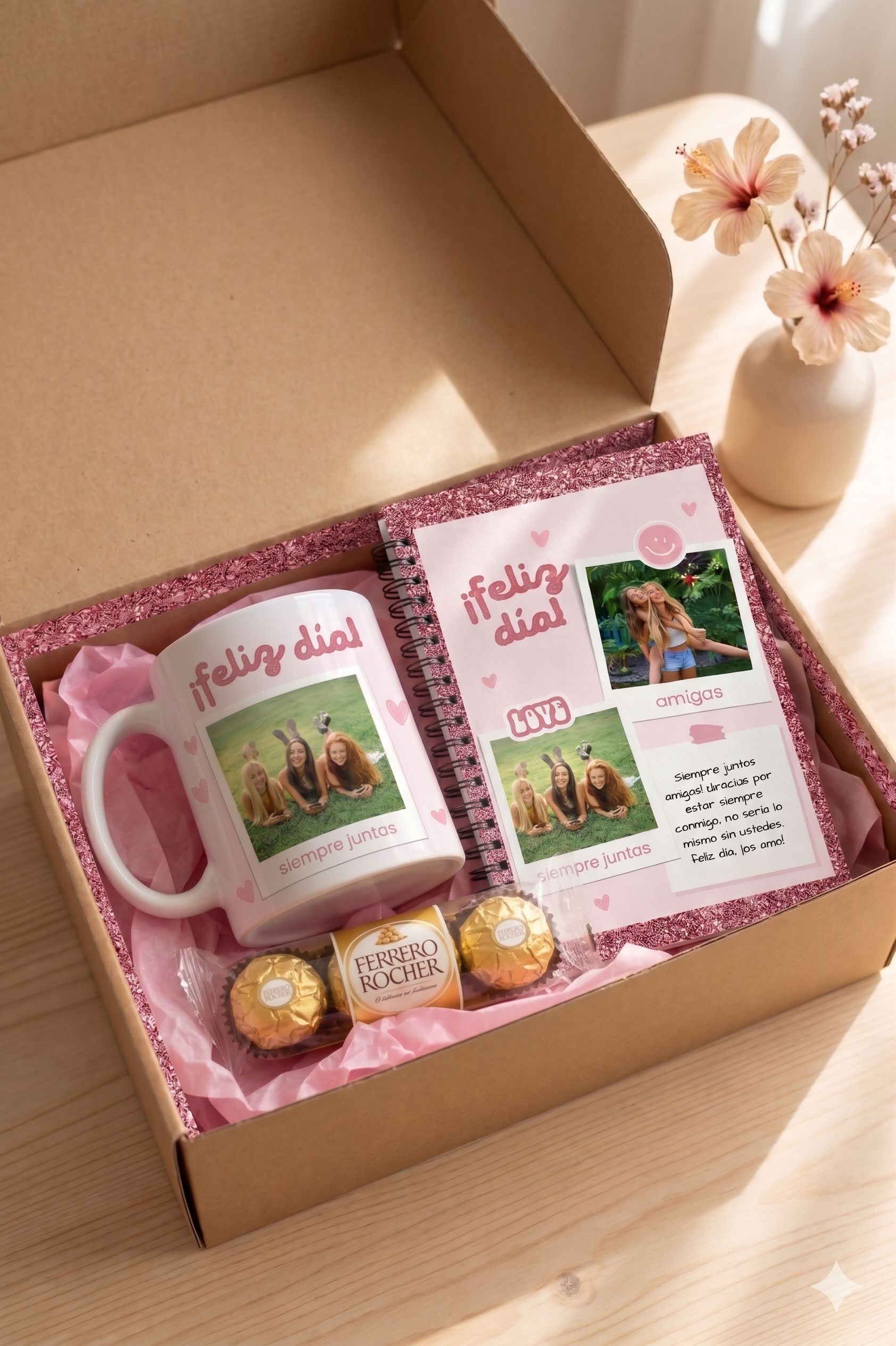 Box regalo Día del Amigo con taza personalizada, cuaderno y bombones Ferrero Rocher
