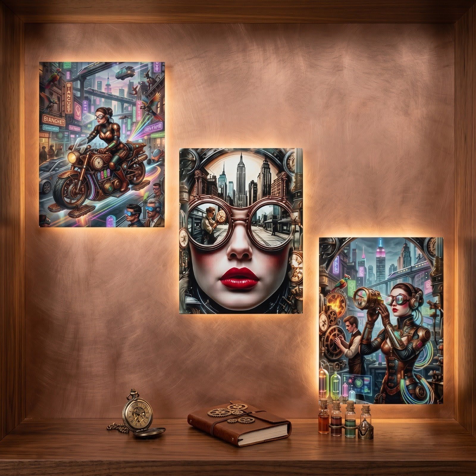 Cuadros de aluminio con arte steampunk y futurista retroiluminados