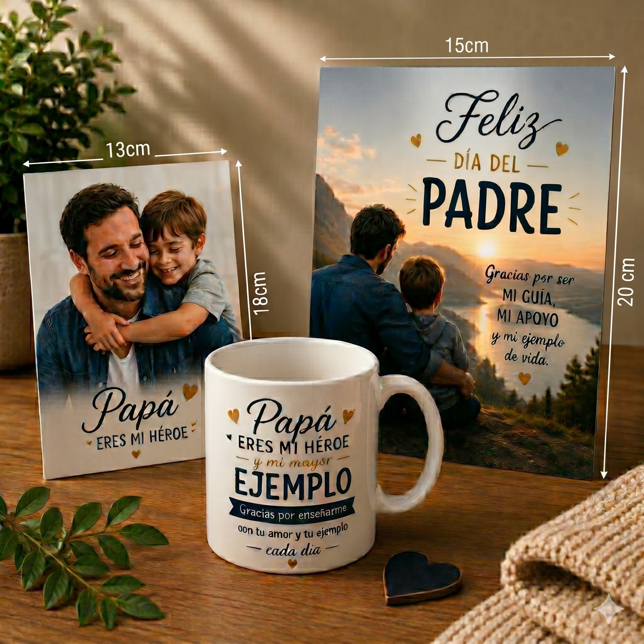 Combo Papá eres mi héroe: taza, portarretrato 13×18 y cuadro de aluminio 15×20