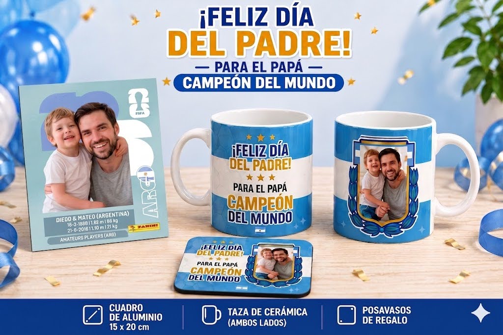Combo Día del Padre con cuadro de aluminio 15×20, taza de cerámica y posavasos